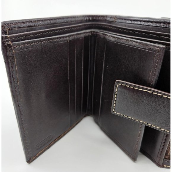 Coach Dark Chocolate Brown Signature Canvas Leather Tri-Fold Snap Wallet - Picture 8 of 13